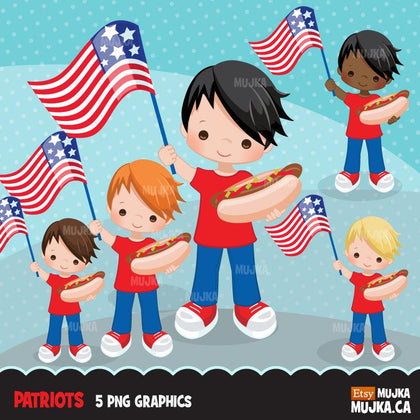 4th of July Clipart. Patriot Boys with hot dog & American Flag black boy