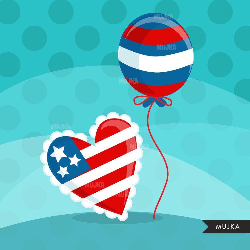 4th of July Clipart with ice cream, kite, celebration balloons