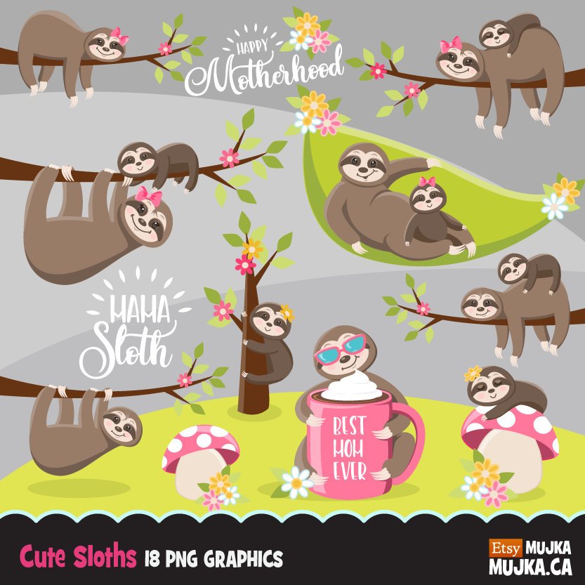 Sloth clipart, animal, spring, mother's day graphics