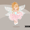 Pink Fairy clipart, girl with curly hair