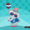 4th of July Animals Clipart. Sloth, turtle, elephant & Hedgehog
