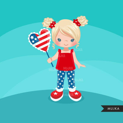 4th of July Clipart. Cute Little Girls with American Flag balloon black girl