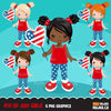 4th of July Clipart. Cute Little Girls with American Flag balloon black girl