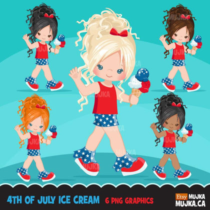 4th of July Clipart. Little Girl with Ice cream black girl