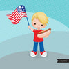 4th of July Clipart. Patriot Boys with hot dog & American Flag black boy