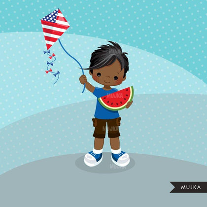 4th of July Clipart. Little Boy with Kite and watermelon