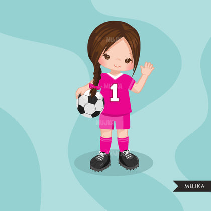 Soccer clipart, sporty girl in braids