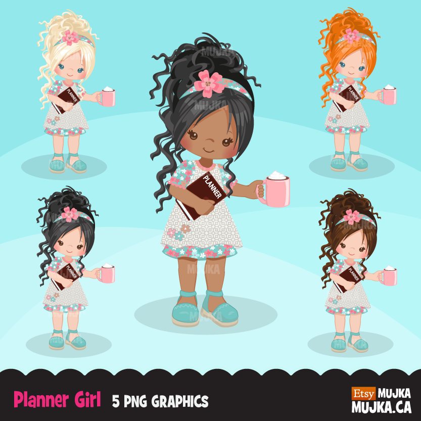 Planner girl clipart, black girl with curly hair