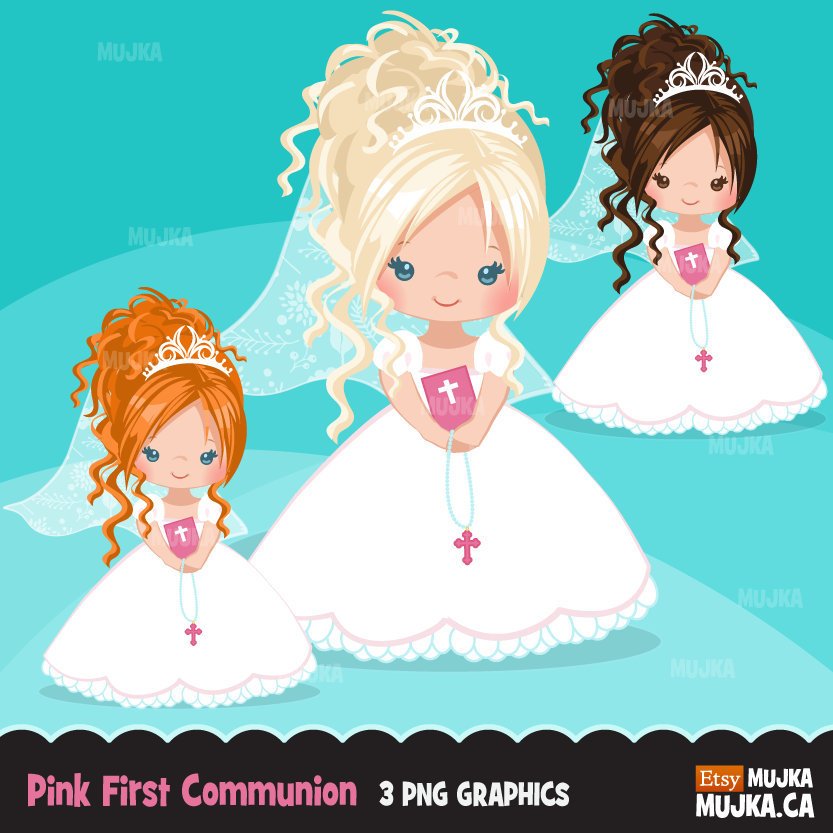 Pink First Communion Clipart for Girl, updo hairstyle religious