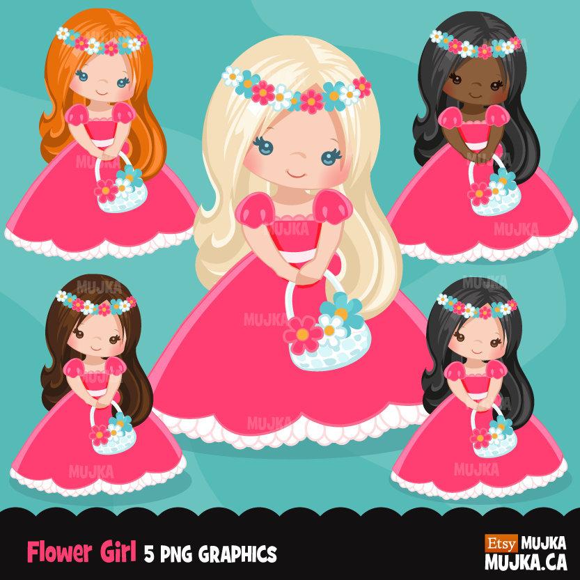 Flower girl Clipart, sublimation design, pink dress, flower basket Png