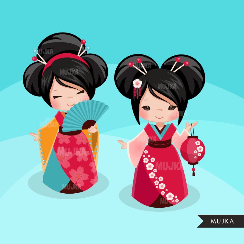 Garota japonesa gueixa, clipart de boneca Kokeshi