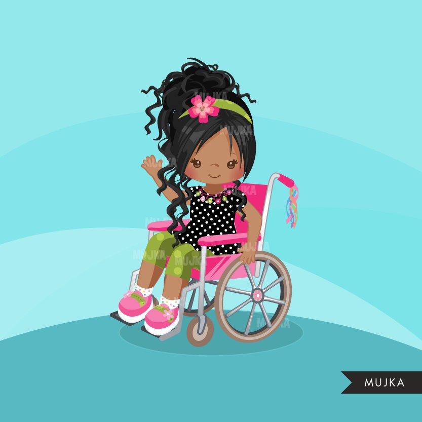 Special Needs Wheelchair clipart, black girl with disability version 2