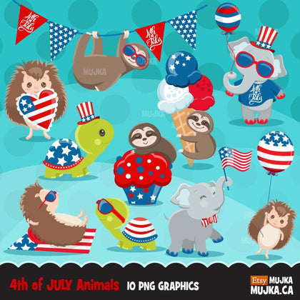 4th of July Animals Clipart. Sloth, turtle, elephant & Hedgehog