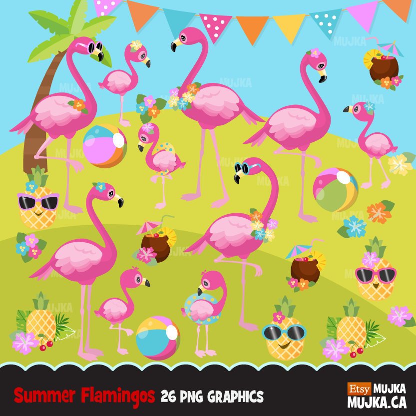 Flamingo & Pineapple, animal clipart summer