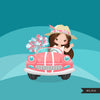 Pink Cadillac , driving clipart, cute pink flowers, flower girls, travel graphics