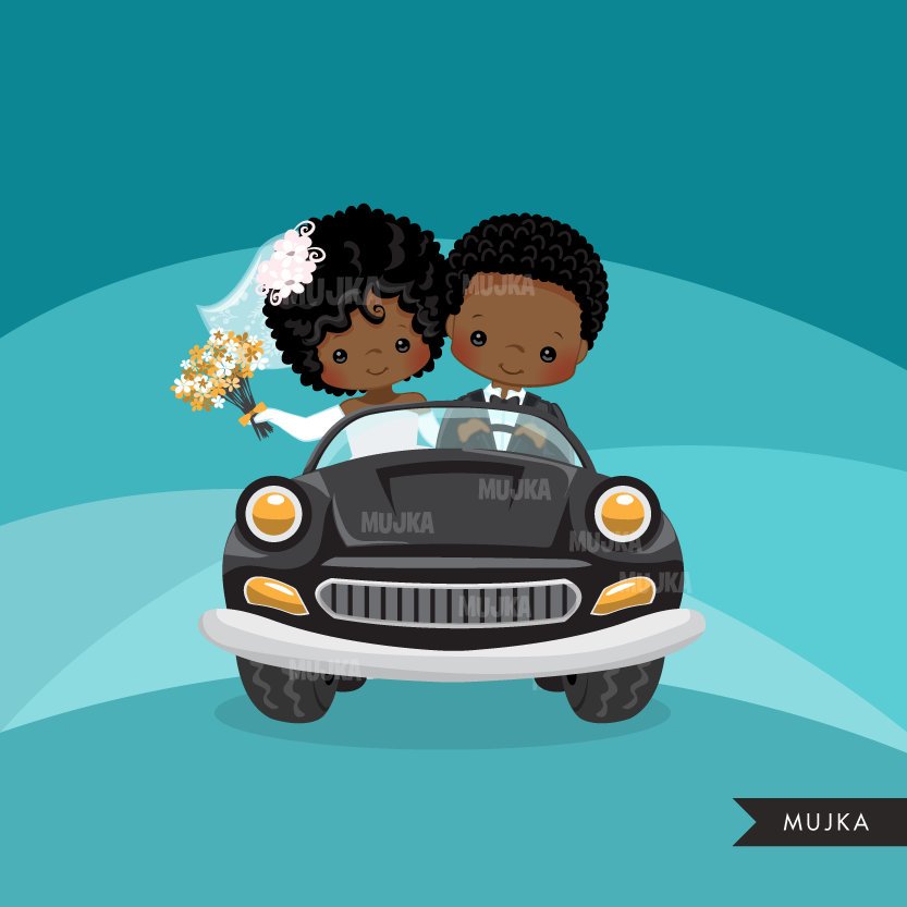 Just married black bride and groom clipart, girl and boy married