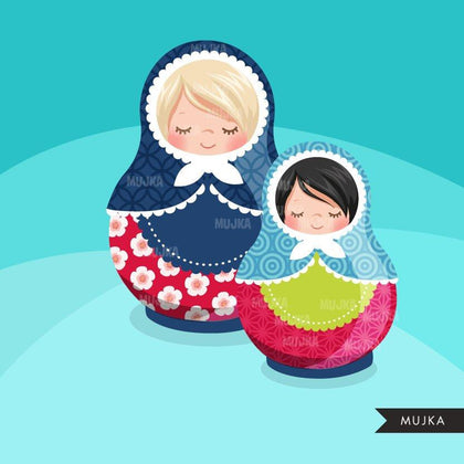 Matryoshka clipart, Russian nesting girl dolls graphics
