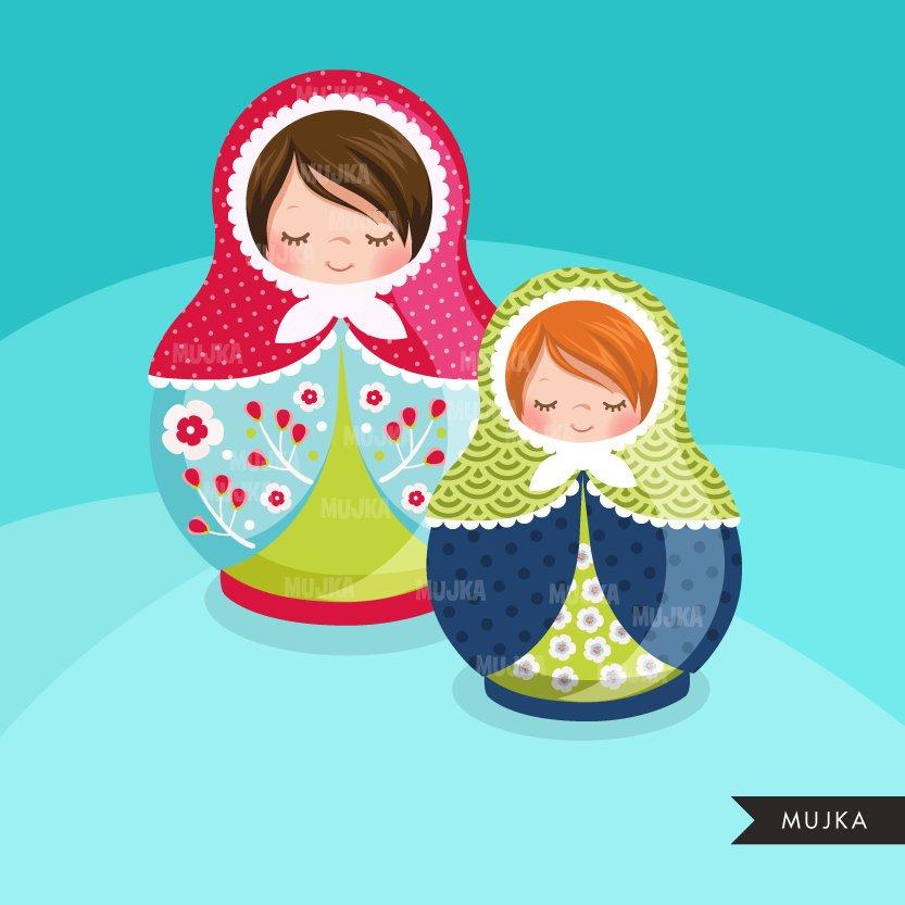 Matryoshka clipart, Russian nesting girl dolls graphics