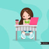 Distant Learning Clipart, Girls with pink laptop, homeschooling, student homework, shop logo graphics, Png clip art