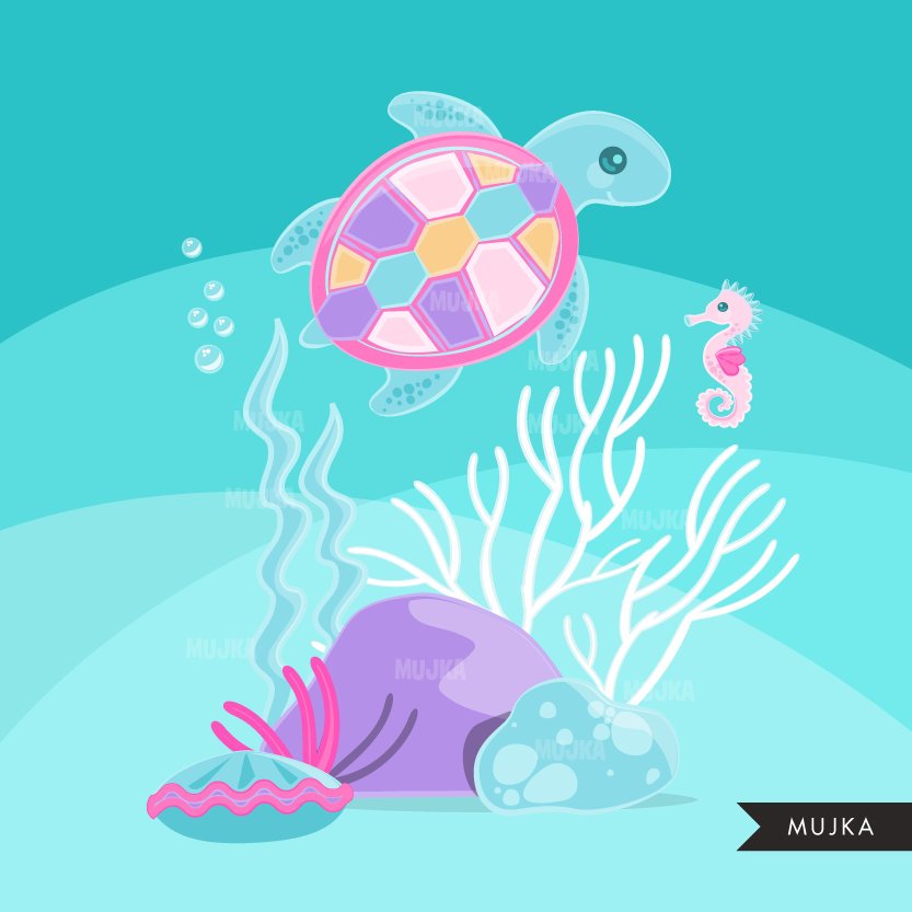 Mermaid undersea clipart, sea animals