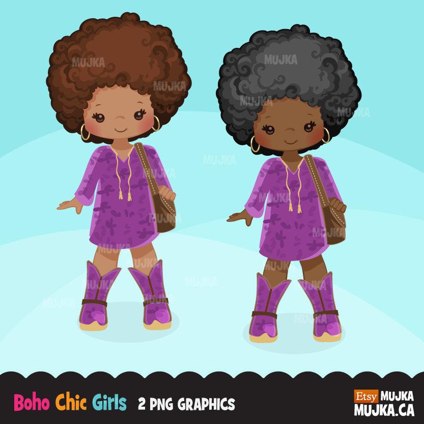 Afro black girl clipart, boho chic characters, african american girls.