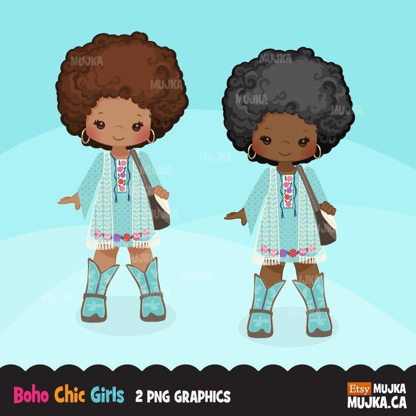 Boho Afro black girl clipart with boots