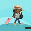 Traveling little girl clipart, Vacation graphics with suitcase and mobile with hat