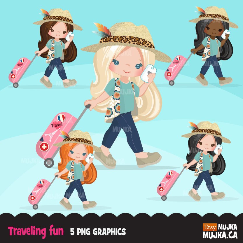 Clipart de niña viajera, gráficos de vacaciones con maleta y móvil con sombrero