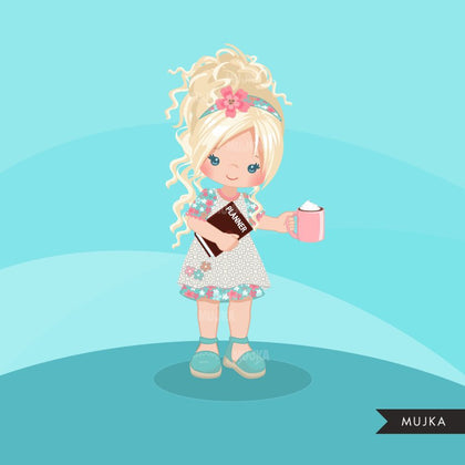 Planner girl clipart, black girl with curly hair