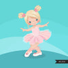 Ballerina clipart. Pink pigtail girl graphics.
