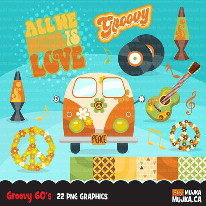 60's retro groovy clipart. Vintage Pop graphics