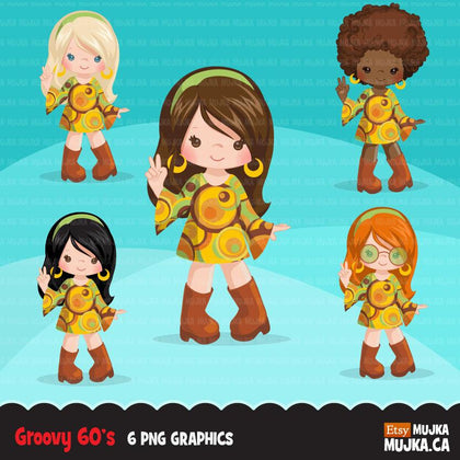 60's retro groovy Girls clipart. Vintage Pop graphics