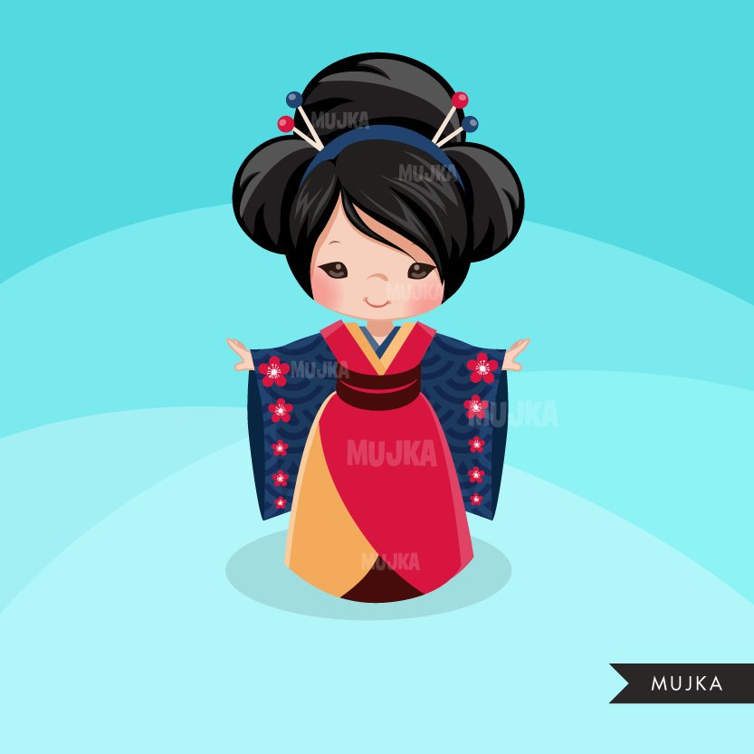 Garota japonesa gueixa, clipart de boneca Kokeshi