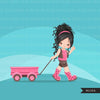 Little girl clipart, cute characters pulling a wagon