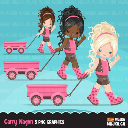 Little girl clipart, cute characters pulling a wagon