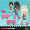 Little girl clipart, cute characters pulling a wagon