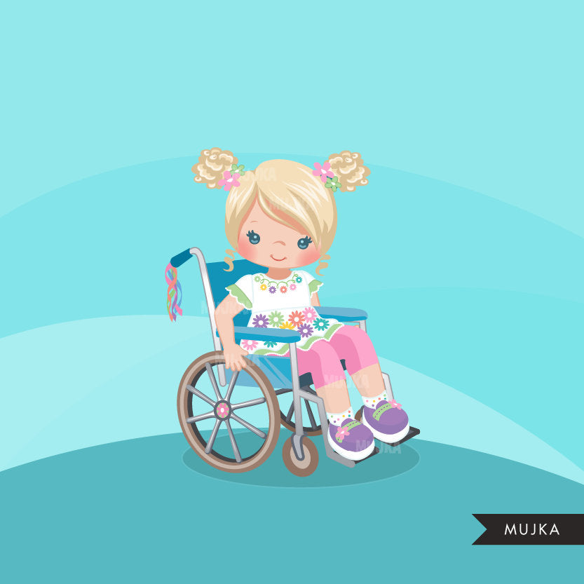 Special Needs Wheelchair clipart, girl with disability