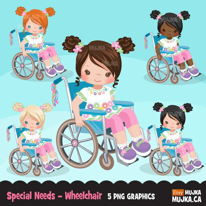 Special Needs Wheelchair clipart, girl with disability