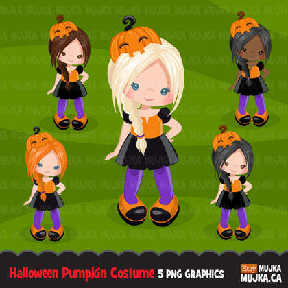 Halloween Trick or treat clipart, cute girl in costume