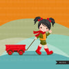 Little girl FALL clipart, cute girl carry wagon