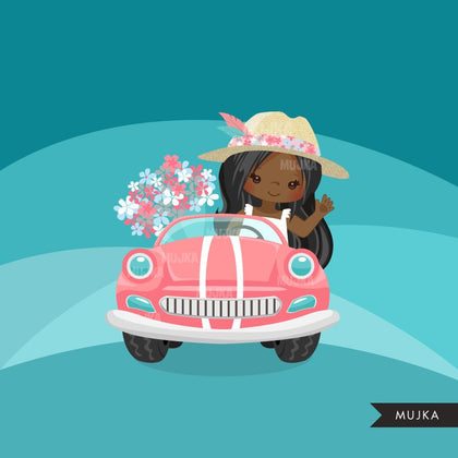 Pink Cadillac , driving clipart, cute pink flowers, flower girls, travel graphics