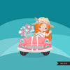 Pink Cadillac , driving clipart, cute pink flowers, flower girls, travel graphics