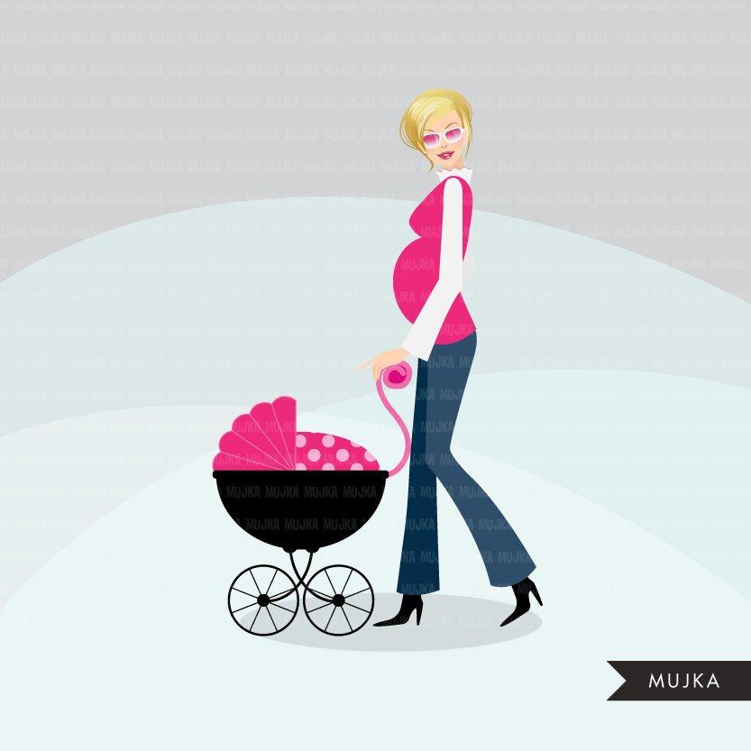 Clipart de chá de bebê. Linda mãe elegante para ser personagem com carrinho de bolinhas rosa.