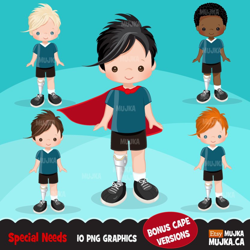 Special Needs prosthetic leg clipart, boy with disability