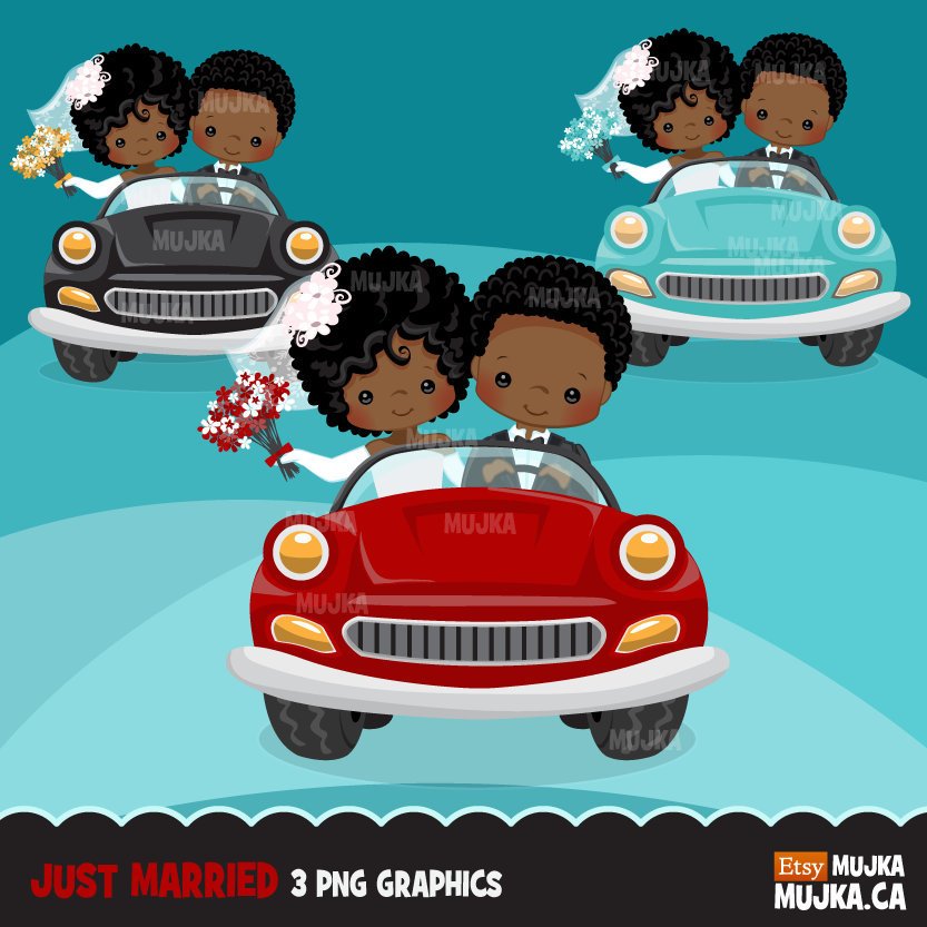 Just married black bride and groom clipart, girl and boy married