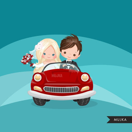 Just married bride and groom clipart, blonde girl and brunette boy