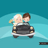 Just married bride and groom clipart, blonde girl and brunette boy