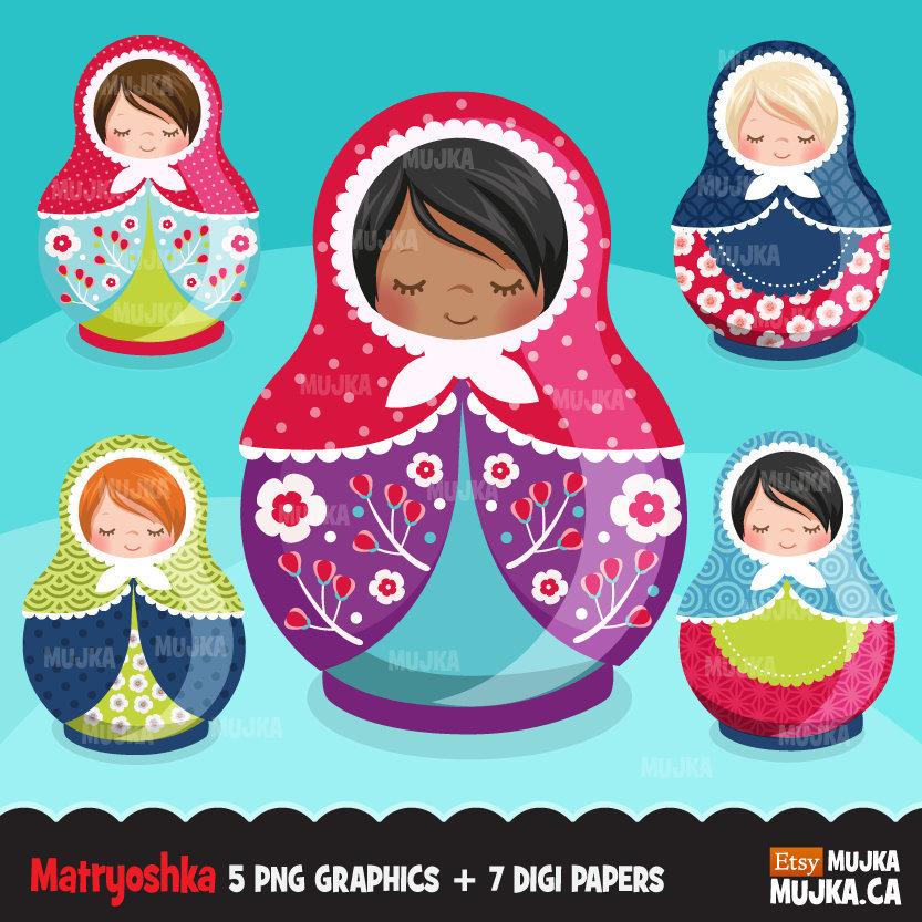 Matryoshka clipart, Russian nesting girl dolls graphics