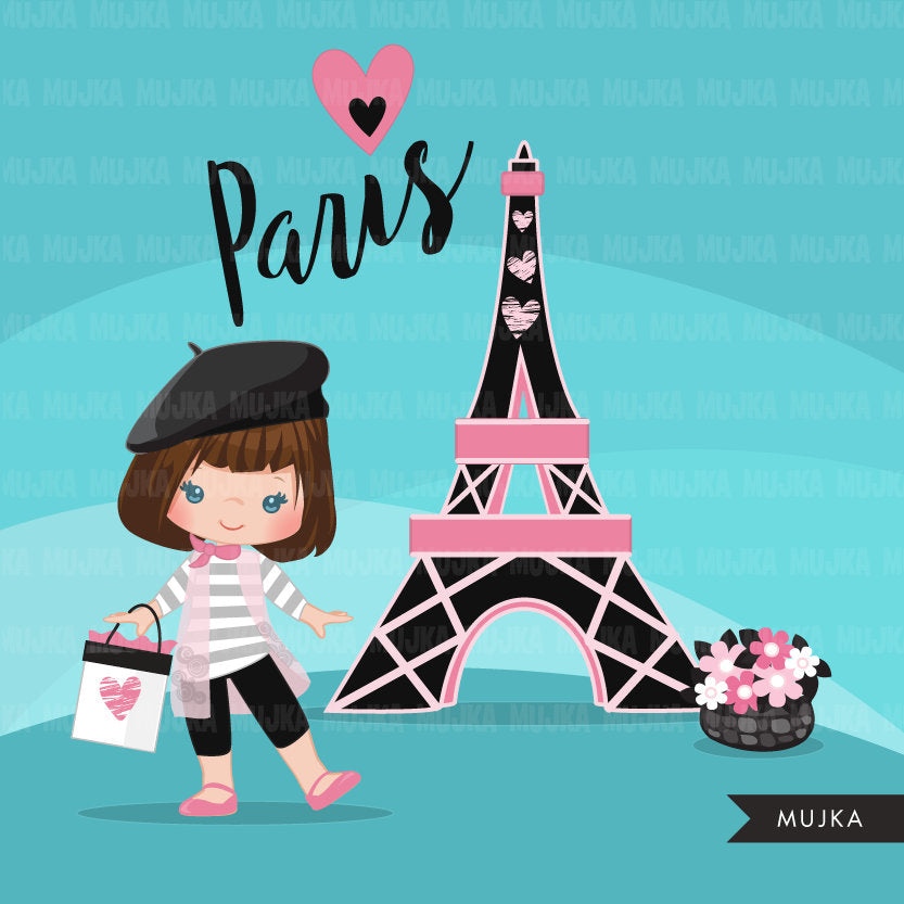 Paris clipart, pink Paris graphics, Eiffel tower, french poodle clip art