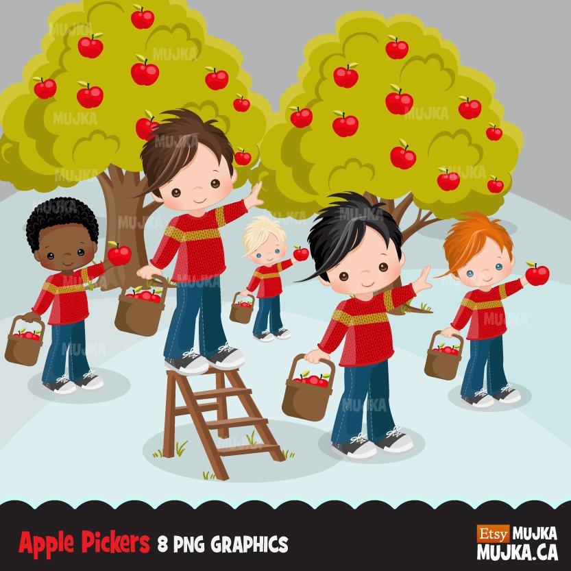 Fall Apple Pickers clipart, cute boy graphics